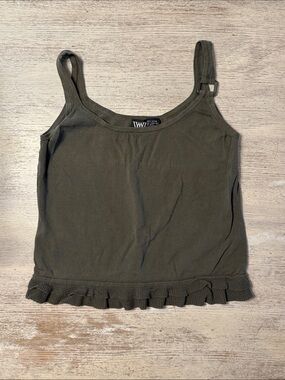 Worthington Y2K Olive Green Ruffle Trim Buckle Tank Top Size Small